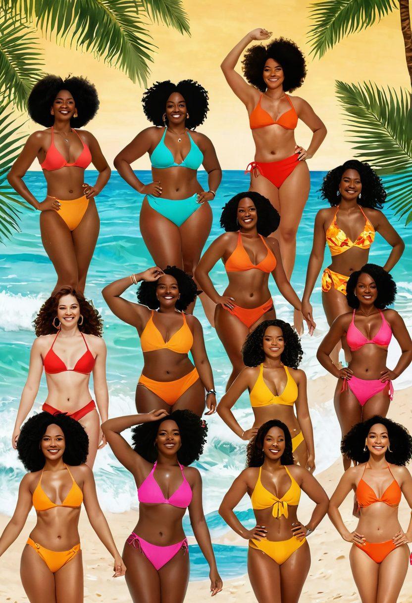 A diverse group of individuals of different body shapes and ethnicities joyful on a sunny beach, showcasing vibrant bikinis in various styles and colors, with tropical palm trees and waves in the background, embodying body positivity. warm tones. super-realistic. vibrant colors.