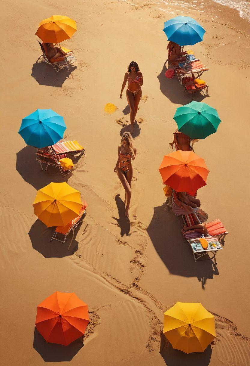 A vibrant beach scene showcasing diverse models in stylish beachwear, surrounded by colorful umbrellas and sunbathers, with a soft focus on artistic nudity elements integrated within natural art formations on the sand. The sun sets in the background, casting warm golden light, enhancing the summer vibe. Emphasize bright colors and dynamic poses. super-realistic. vibrant colors. creative composition.